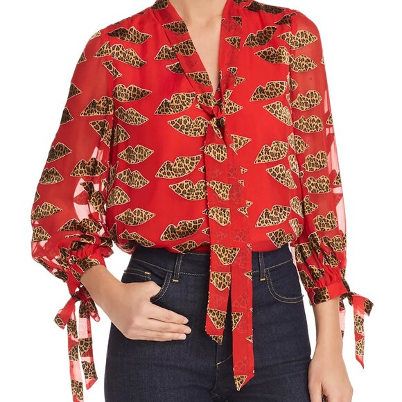 NWOT Alice + Olivia Sheila Lips Burnout Tie-Neck Top Cheetah Print Size M - Picture 13 of 13